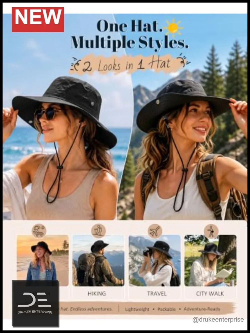 Waterproof UPF50+ Bucket Sun Hat Wide Brim Lightweight Nylon Foldable Floppy